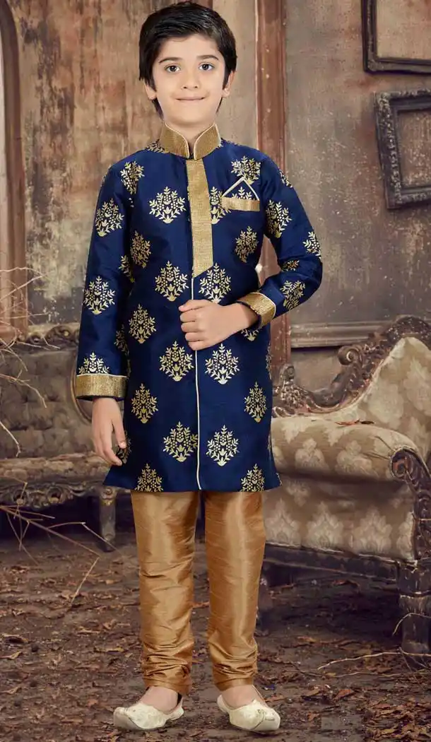 Navy Blue Color Jacquard Readymade Boy Kurta Pajama | 369744160