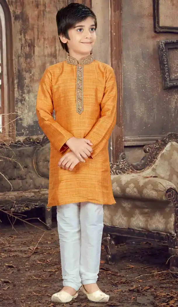 Light Mango Color Banglore Silk Readymade Boy Kurta Pajama | 369744164
