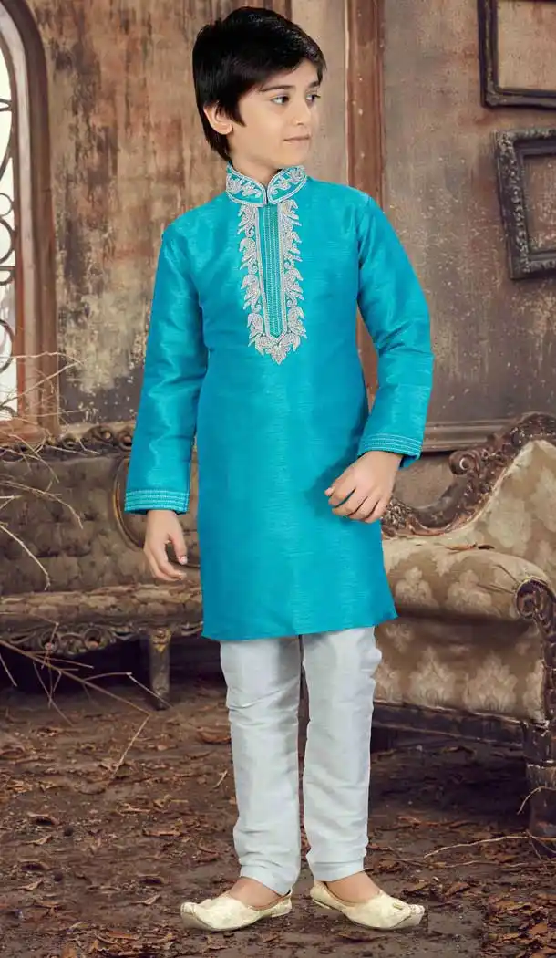 Ethnic Feroze Color Banglore Silk Readymade Boy Kurta Pajama | 369744169