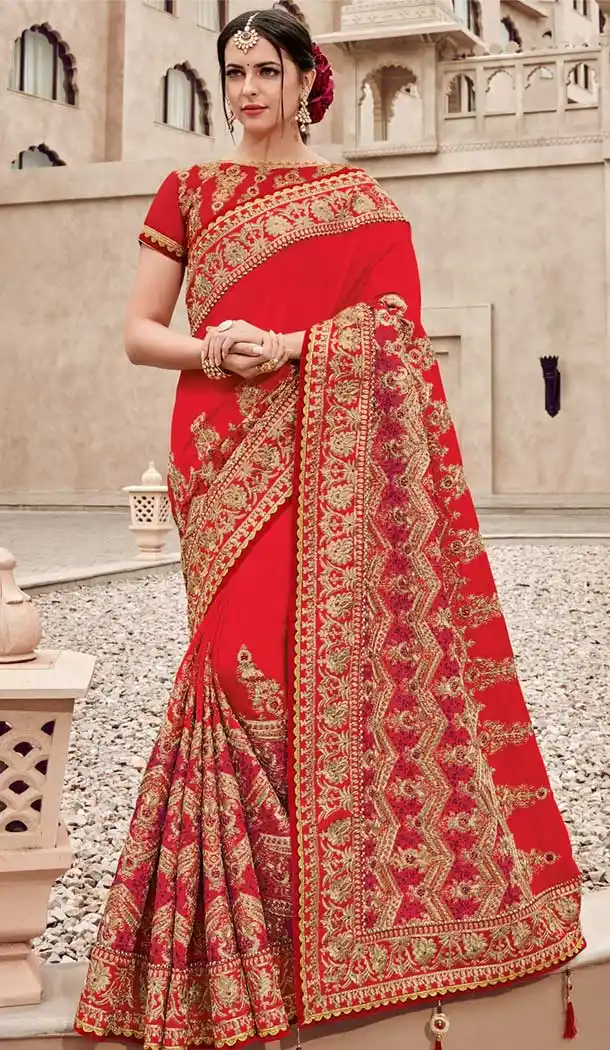 Red and Gold Silk Satin Heavy Embroidery Bridel Saree | 374844798