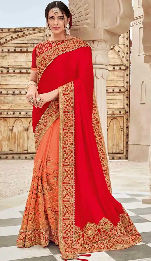 Red and Orange Satin Silk Heavy Embroidery Bridel Saree | 374844800