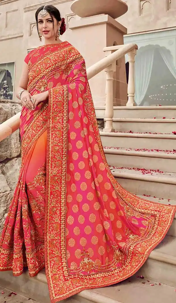 Pink and Orange Jacquard Heavy Embroidery Bridal Saree | 374844802