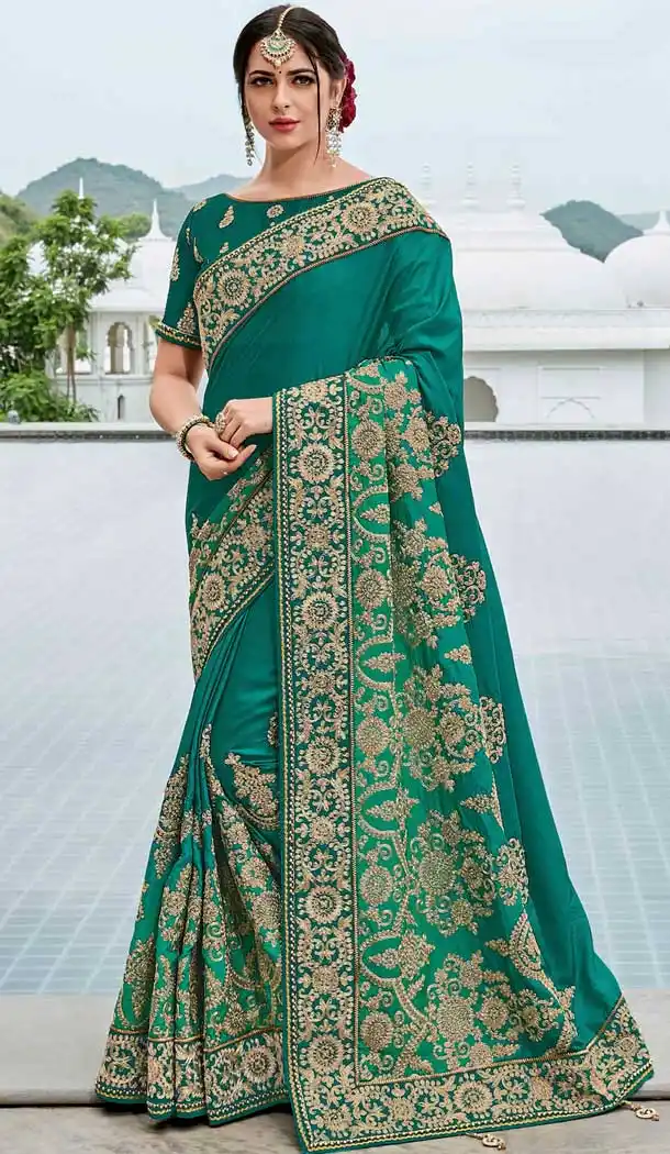 Green Shadded Silk Satin Heavy Embroidery Bridal Saree | 374844803