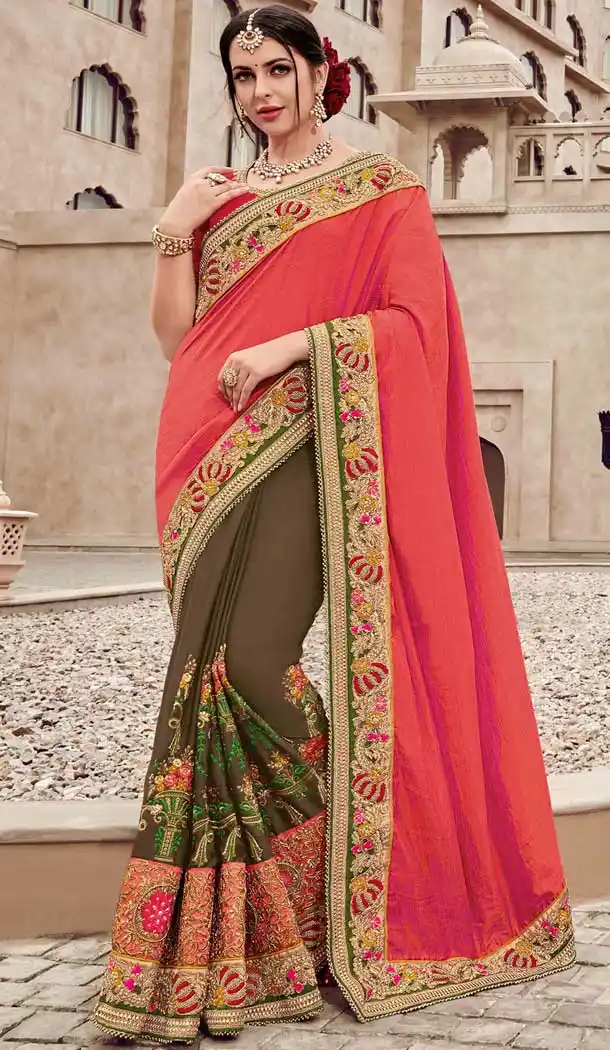 Orange and Brown Silk Satin Heavy Embroidery Bridal Saree | 374844804