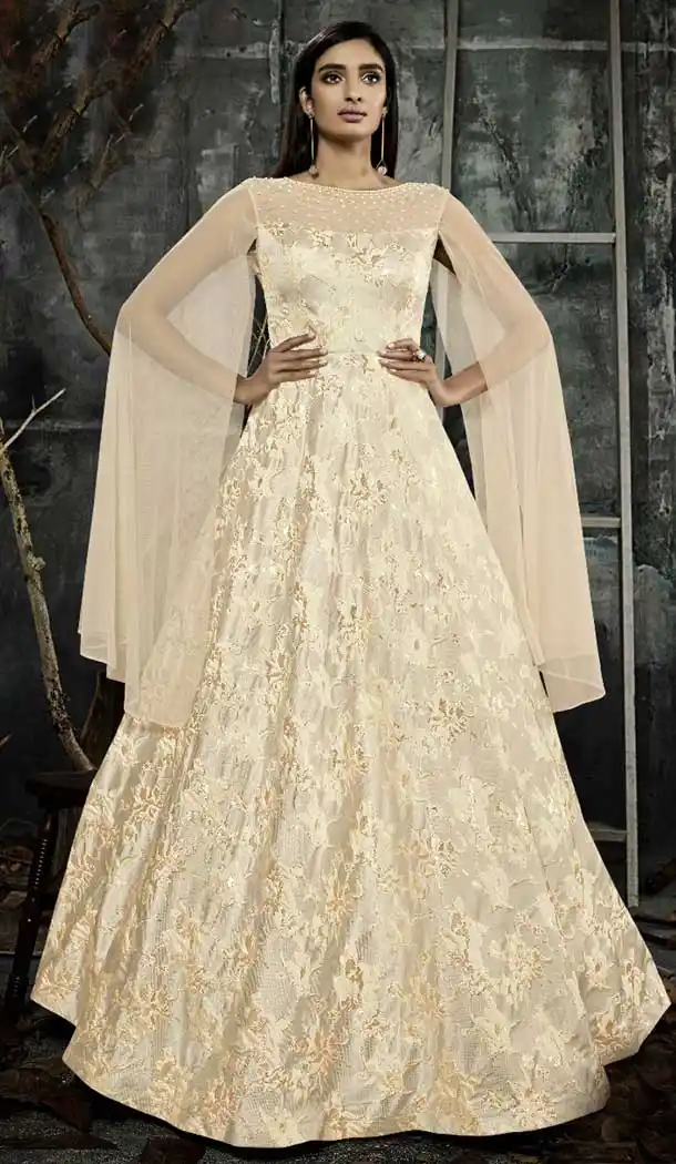 Beige Color Jacquard Designer One Peace Readymade Gown | 376344938