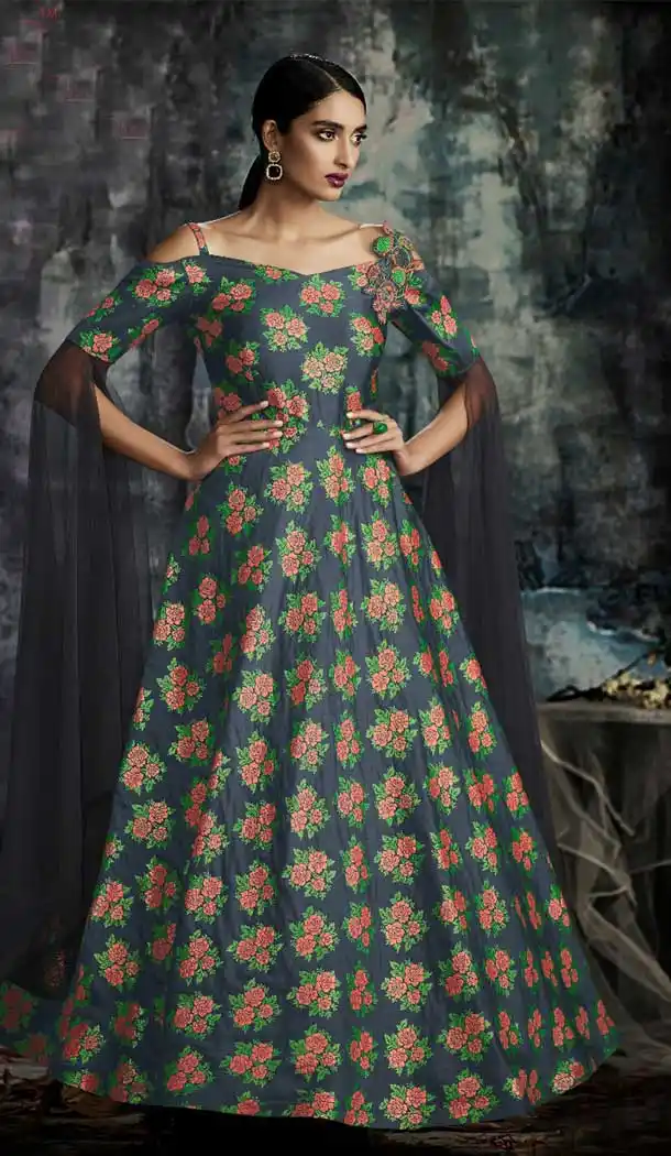 Navy Blue Color Jacquard Designer One Peace Readymade Gown | 376344941