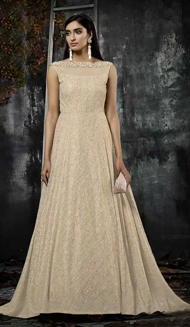 Exquisite Gold Color Jacquard Designer One Peace Readymade Gown | 376344943