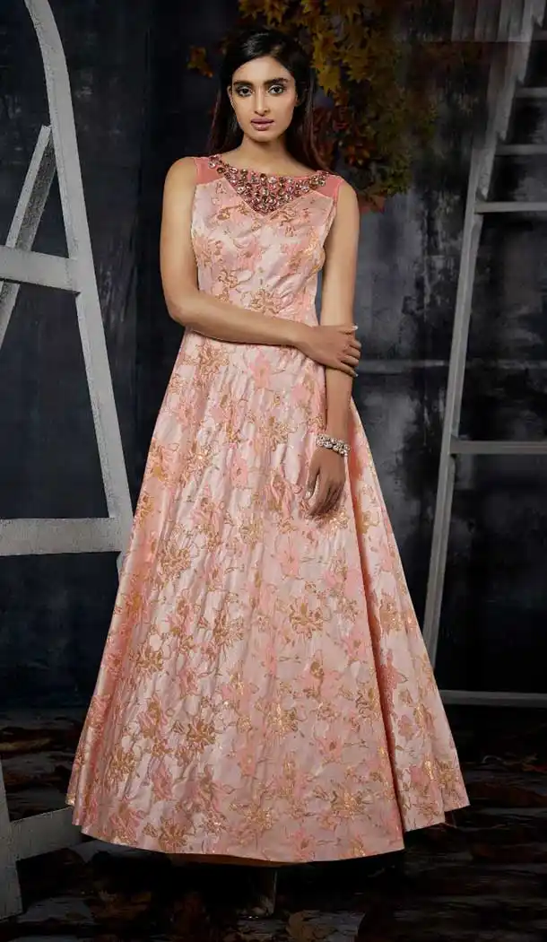 Peach Color Jacquard Designer One Peace Readymade Gown | 376344946
