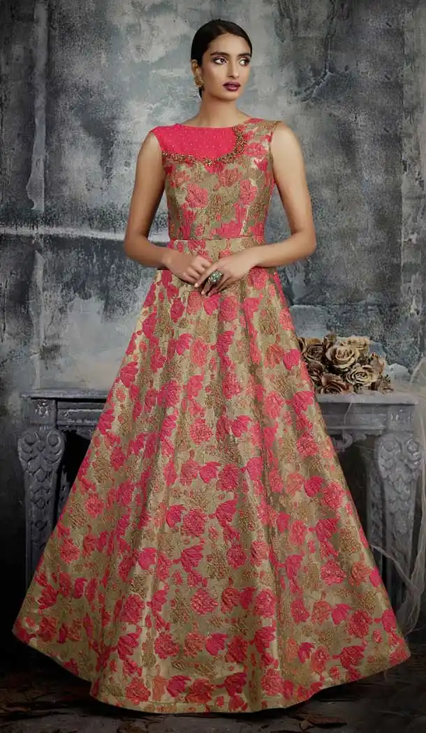 Pink Gold Color Jacquard Designer One Peace Readymade Gown | 376344947