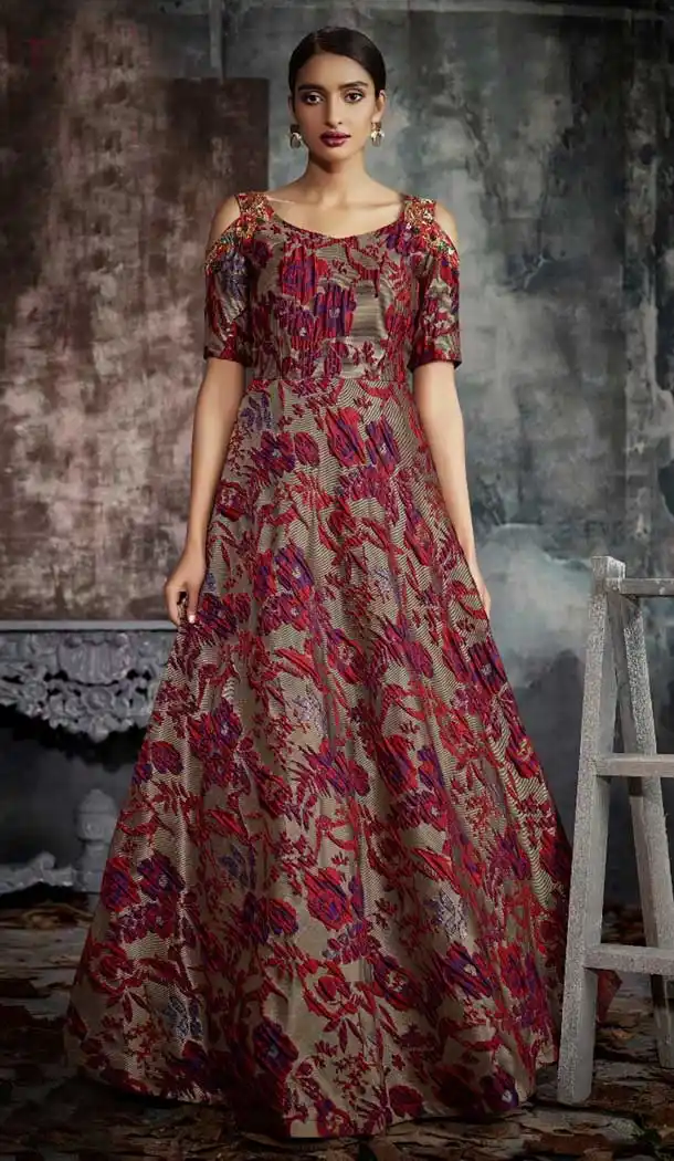 Red,Grey Color Jacquard Designer One Peace Readymade Gown | 376344949