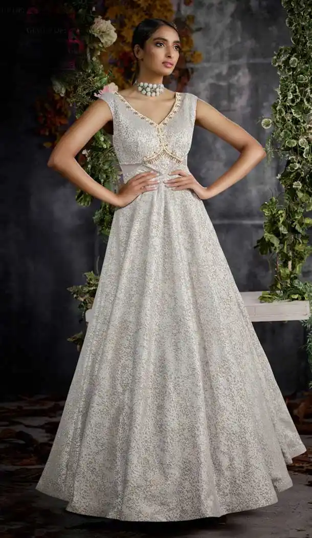 Silver Color Jacquard Designer One Peace Readymade Gown | 376344950