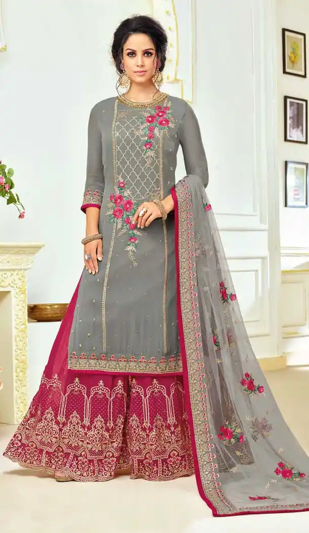 Grey Color Upada Silk Punjabi Style Plazzo Salwar Suit | 376744991