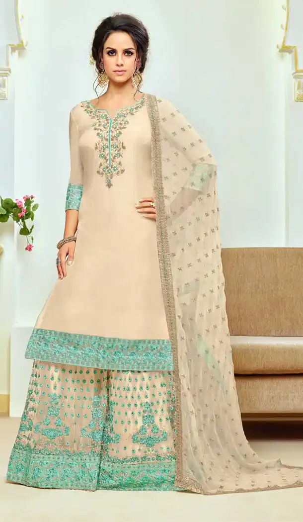 Attractive Cream Color Upada Silk Punjabi Style Plazzo Salwar Suit | 376744992