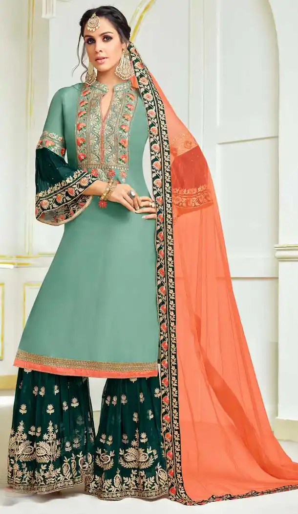 Aqua Green Color Upada Silk Punjabi Style Plazzo Salwar Suit | 376744993