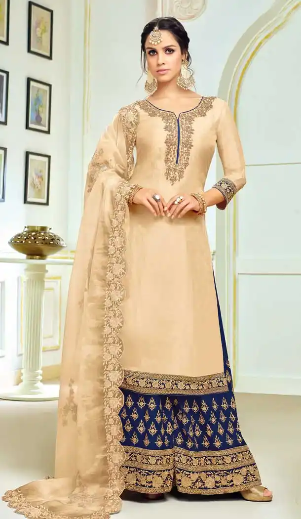 Beige Color Upada Silk Punjabi Style Plazzo Salwar Suit | 376744994