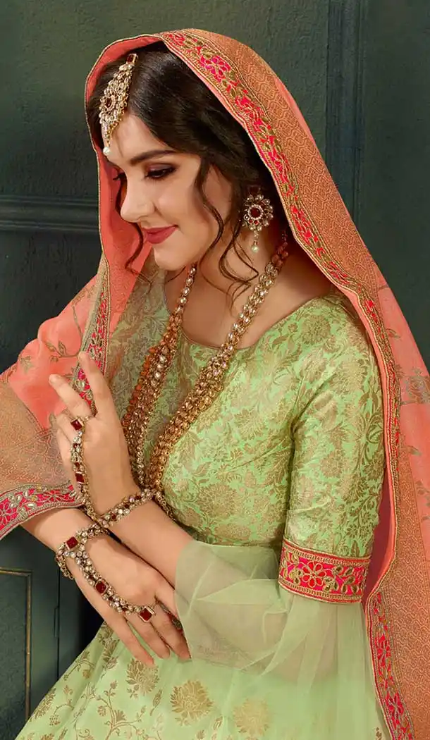 Latest Green Color Pure Silk Indo Western Lehenga Choli | 376544966