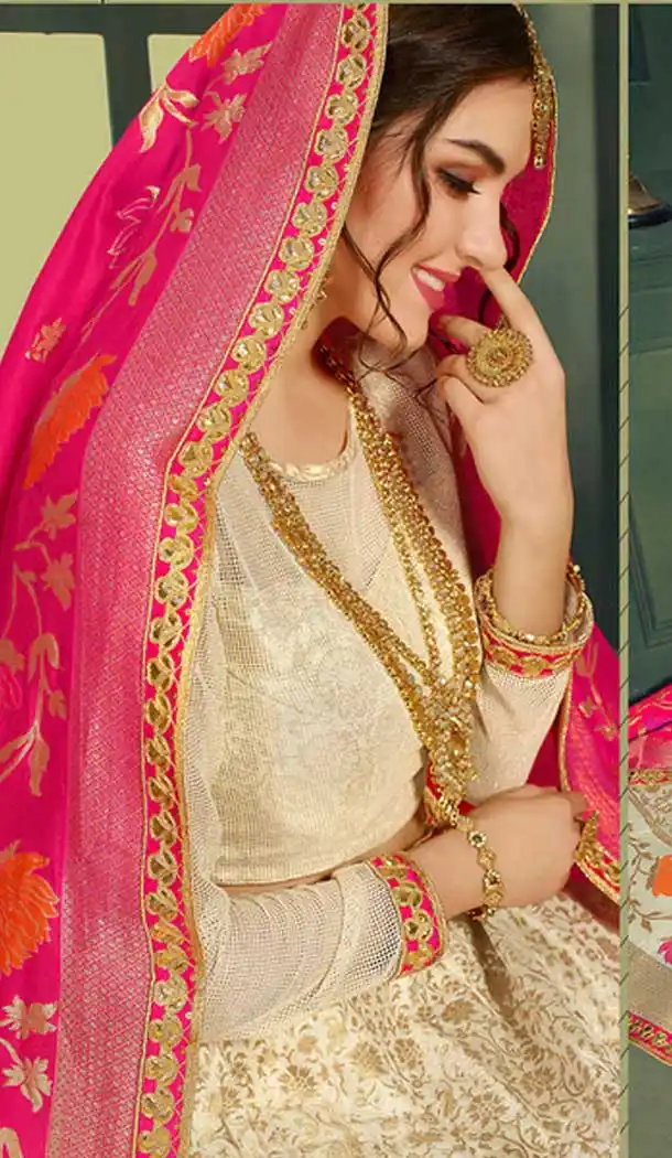 Latest Cream Color Pure Silk Indo Western Lehenga Choli | 376544968