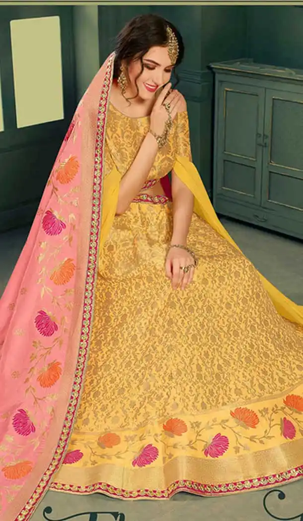 Latest Yellow Color Pure Silk Indo Western Lehenga Choli | 376544969