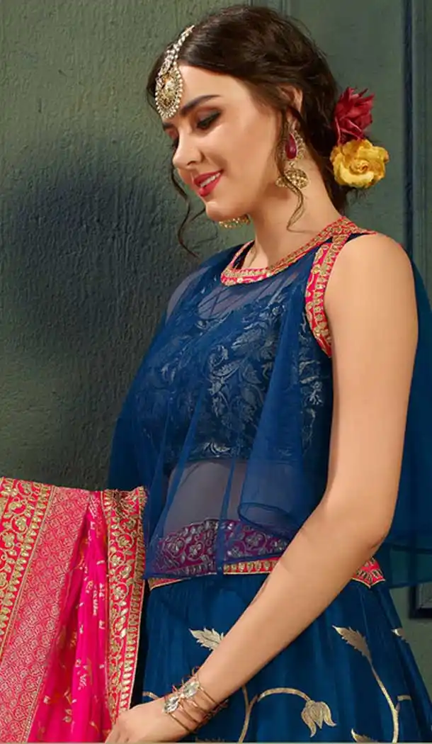 Latest Navy Blue Color Pure Silk Indo Western Lehenga Choli | 376544970