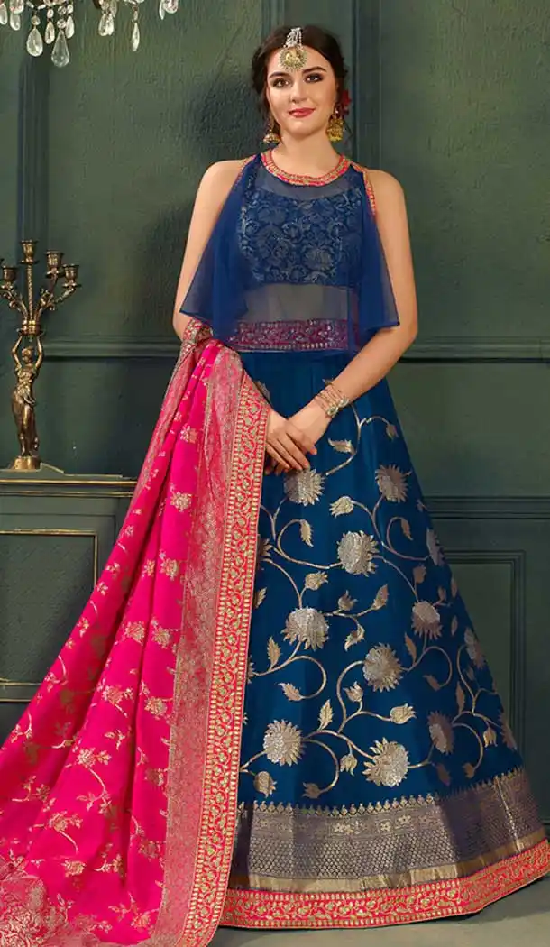Latest Navy Blue Color Pure Silk Indo Western Lehenga Choli | 376544970