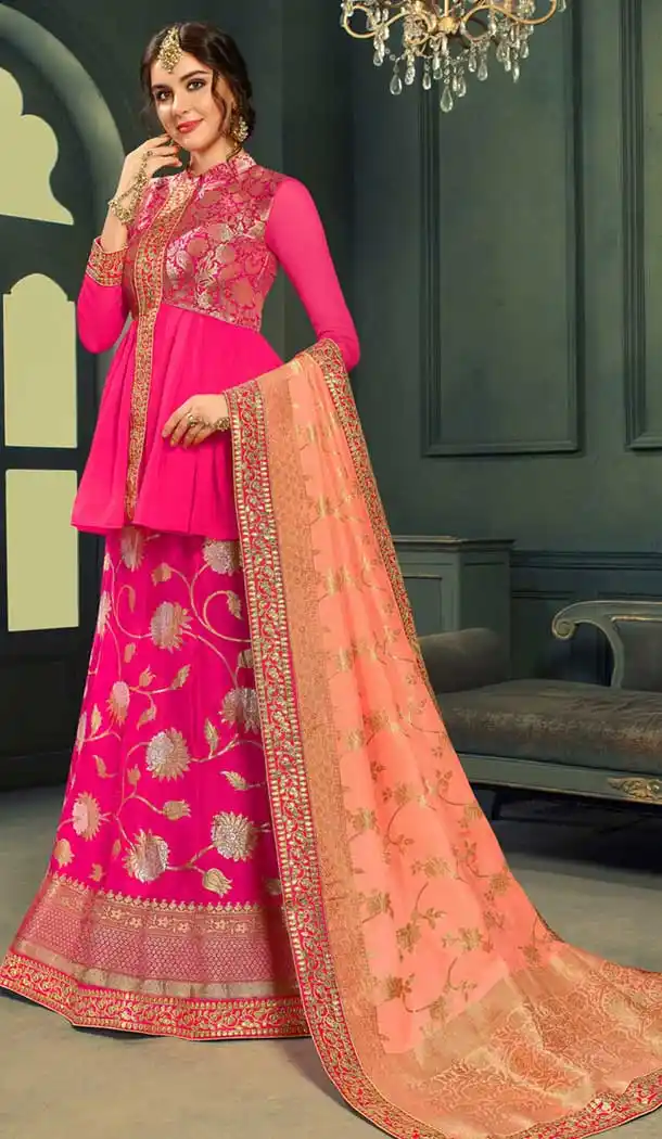 Latest Magenta Color Pure Silk Indo Western Lehenga Choli | 376544971