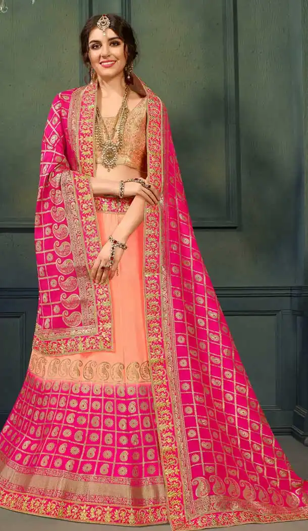 Latest Peach Color Pure Silk Indo Western Lehenga Choli | 376544972