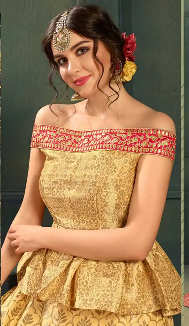 Latest Yellow Color Pure Silk Indo Western Lehenga Choli | 376544975
