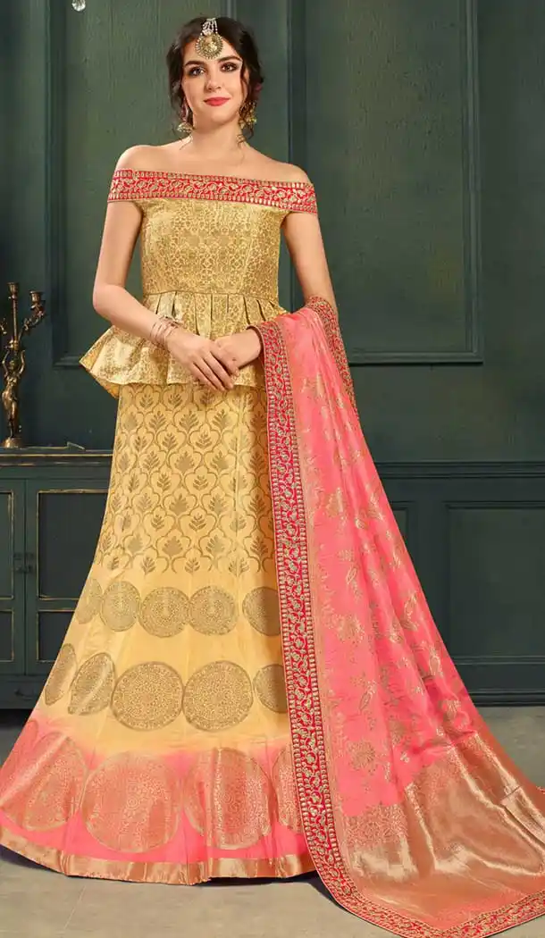 Latest Yellow Color Pure Silk Indo Western Lehenga Choli | 376544975