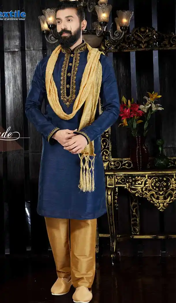 Navy Blue Color Art Dupion Wedding Wear Readymade Kurta pajama | VOL1-103