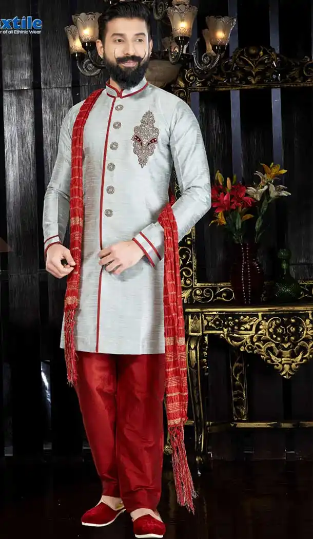 Grey Color Giccha Silk Wedding Wear Readymade Kurta Pajama | VOL1-114