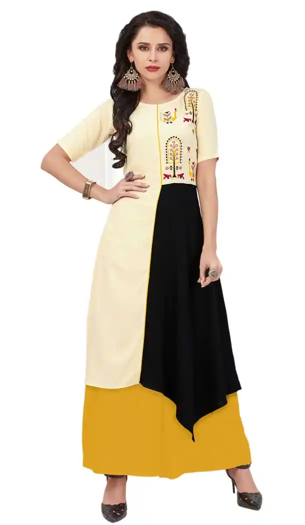 Cream & Black Color Rayon Indowestern Readymade Kurti | 58047299