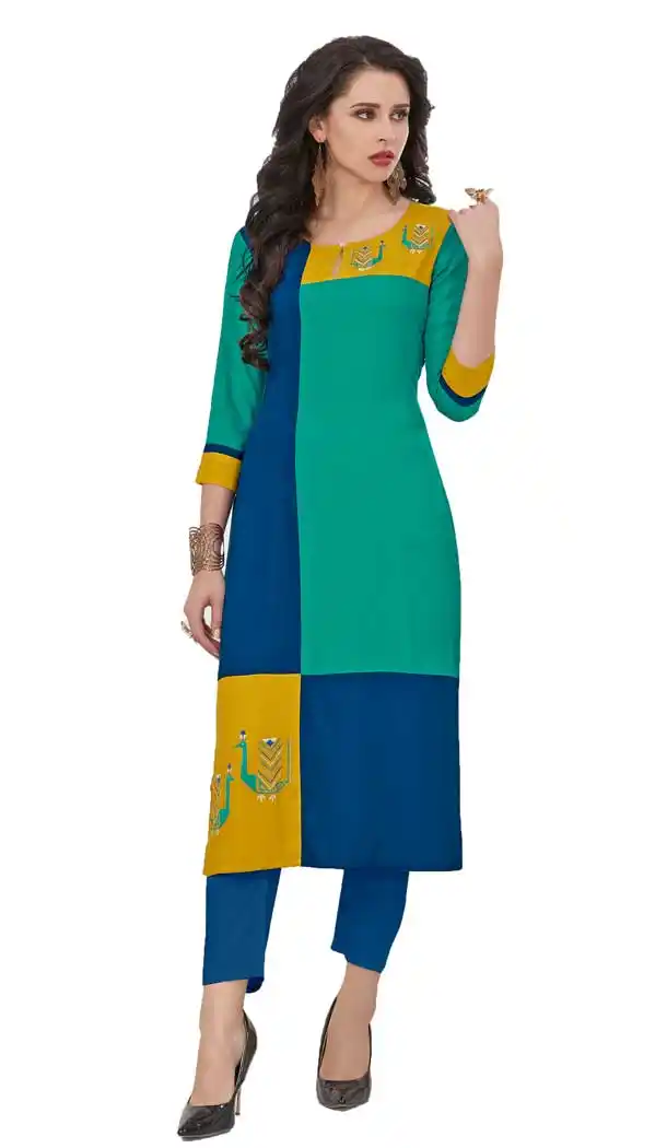 Sea Green & Blue Color Rayon Indowestern Readymade Kurti | 58047302