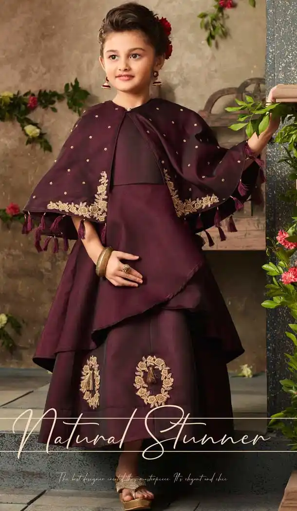 Wine Color Satin Silk Party Wear Readymade Girls Gown | 57446663