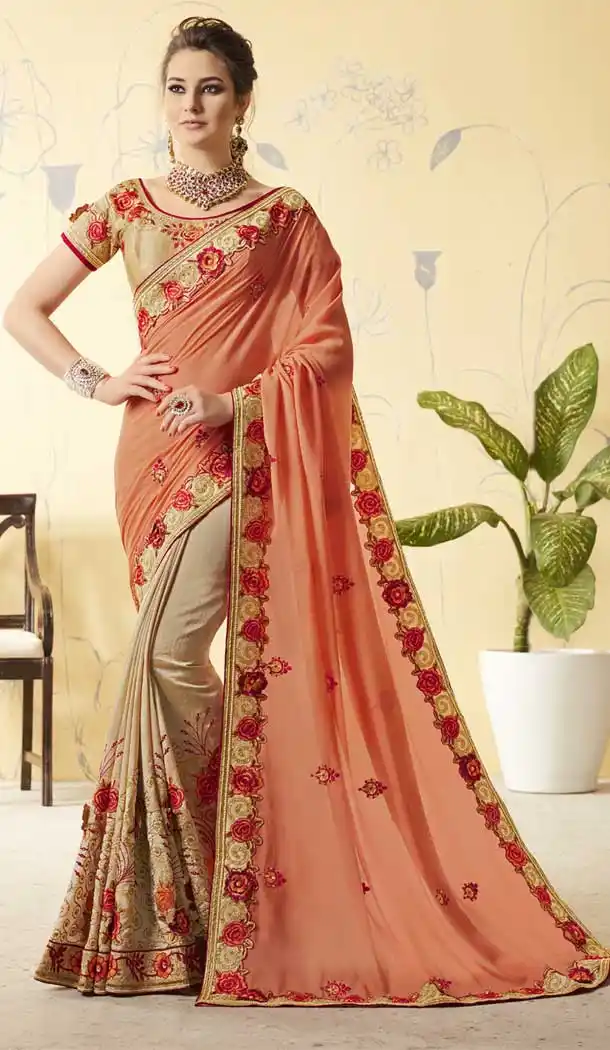 Peach & Beige Color Silk Rangoli Treditional Lehenga Saree | 376044906
