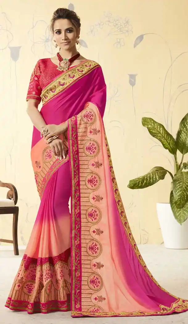 Majenta & Peach Color Silk Rangoli Treditional Lehenga Saree | 376044909