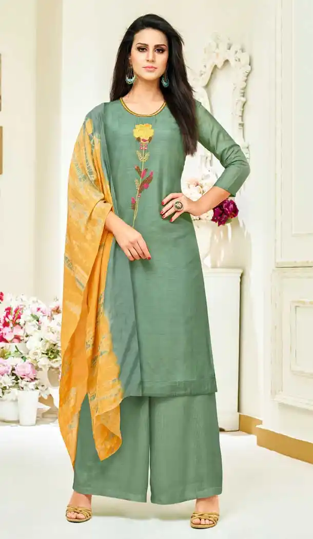 Yellow Green Color Upada Silk Digital Print Palazzo Suit | 374944807
