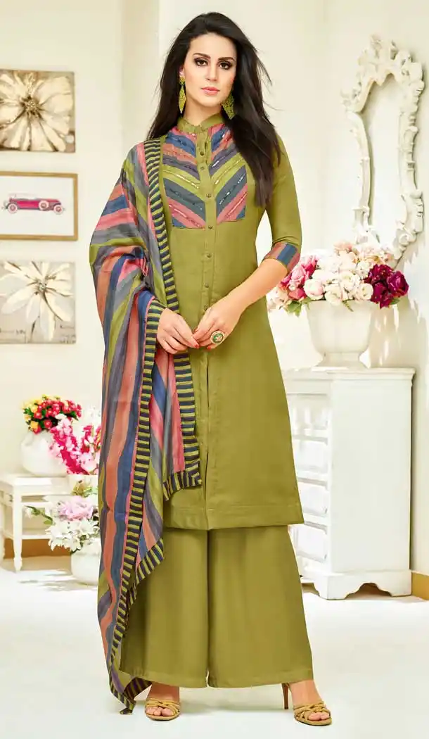 Mehendi Green Color Upada Silk Digital Print Palazzo Suit | 374944808
