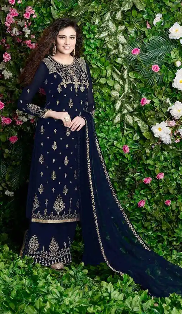 Navy Blue Color Georgette Pakistani Style Palazzo Suit | 57346547