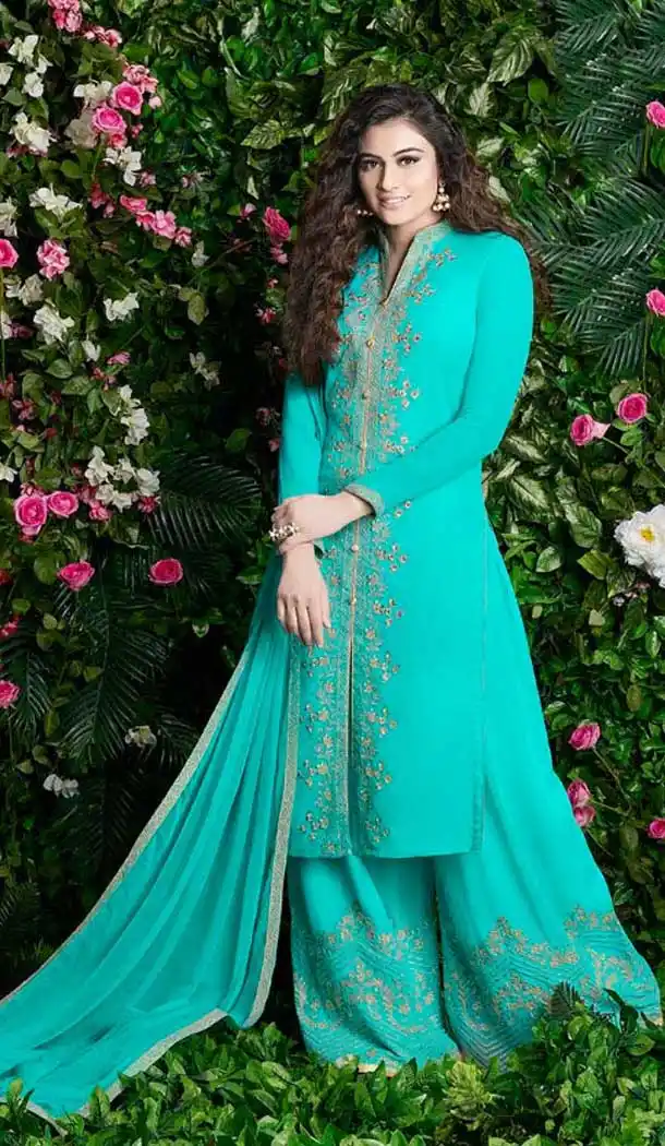 Turquoise Blue Color Georgette Pakistani Style Palazzo Suit | 57346552