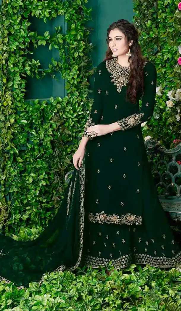 Forest Green Color Georgette Pakistani Style Palazzo Suit | 57346554
