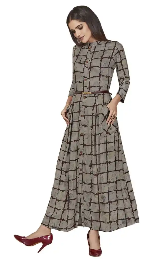 Aesthetic Grey Rayon Designer Logn Readymade Kurtis | 57736947