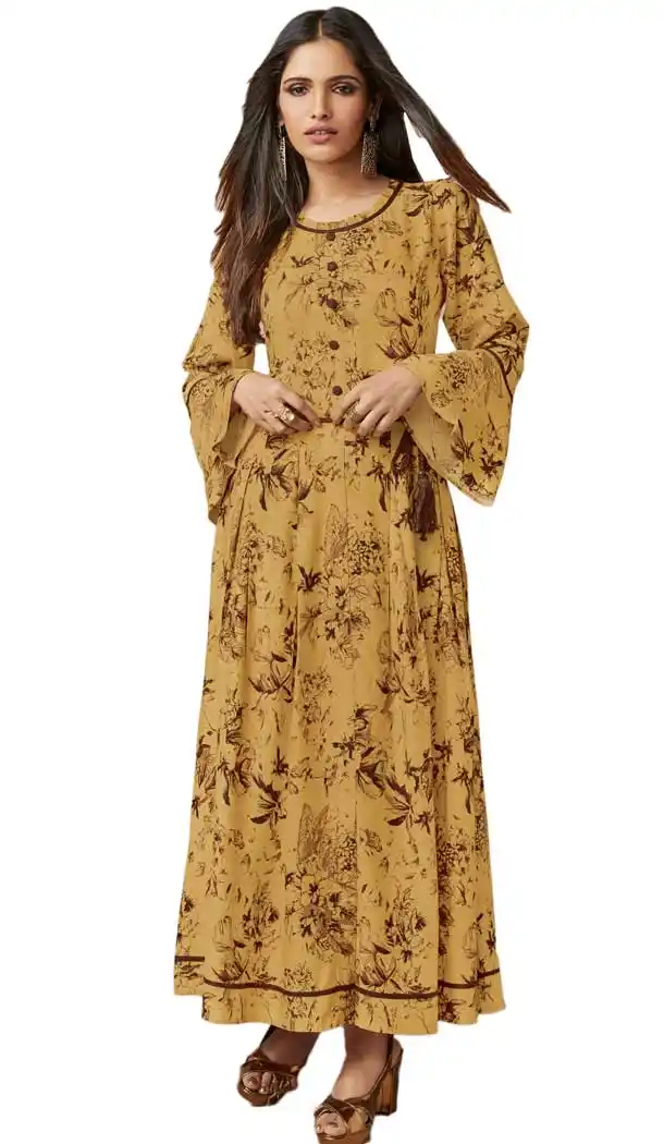 Vivacious Yellow Rayon Designer Logn Readymade Kurtis | 57736948