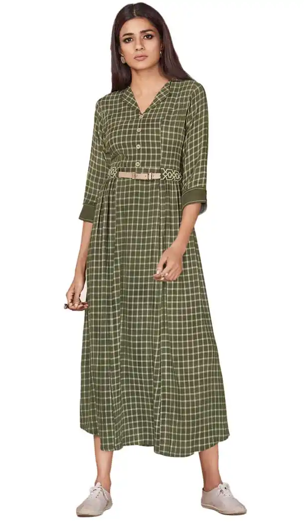 Flamboyant Olive Green Rayon Designer Logn Readymade Kurtis | 57736949