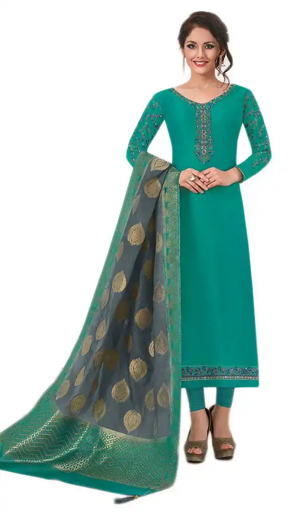 Sea Green Color Muslin Silk Lonng Length Salwar kameez | 57897113