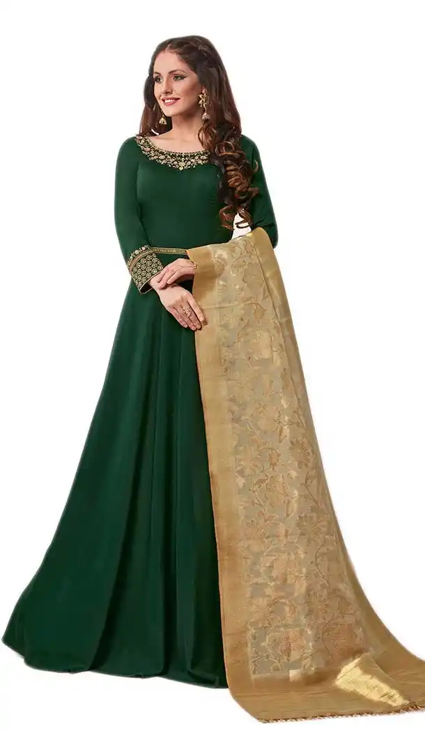 Dark Green Color Muslin Silk Lonng Length Salwar kameez | 57897114