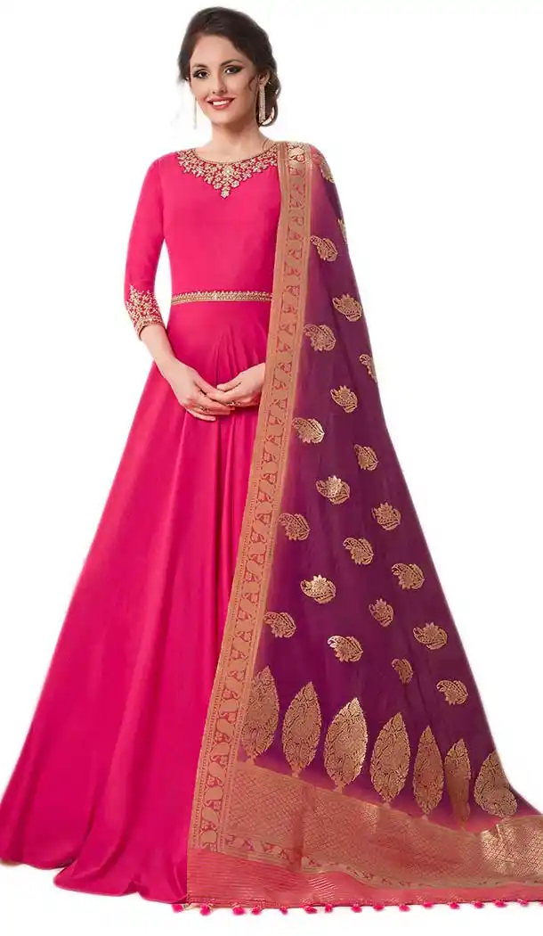 Rani Pink Color Muslin Silk Long Length Salwar kameez | 57897115