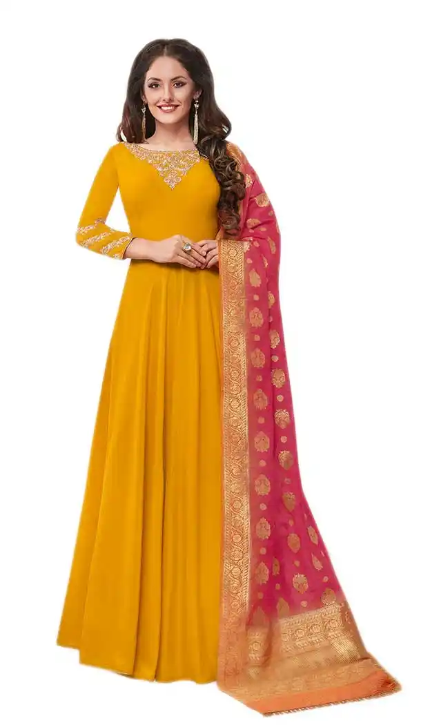 Musturd Yellow Color Muslin Silk Lonng Length Salwar kameez | 57897117