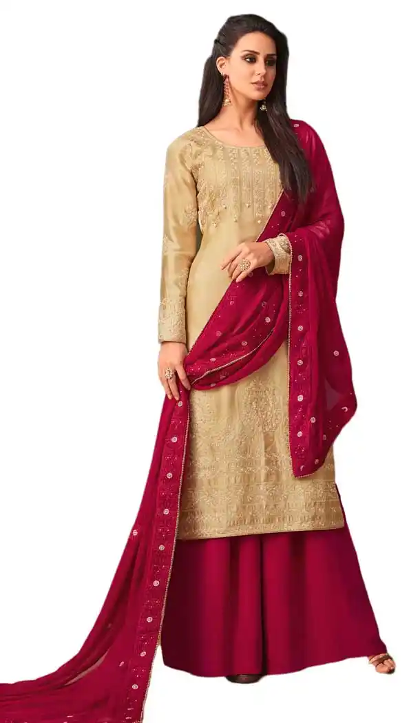 Beige Color Satin Georgette Party Wear Palazzo Suits | 57987240