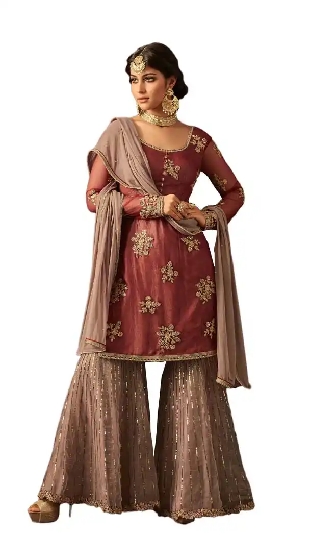 Rust Red Color Net Designer Palazzo Pants Suit | 58117370