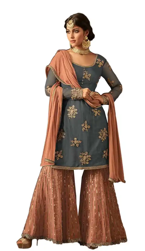 Steel Blue Color Net Designer Palazzo Pants Suit | 58117372